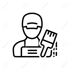 Line drawing of a person reading a book and holding a paintbrush.