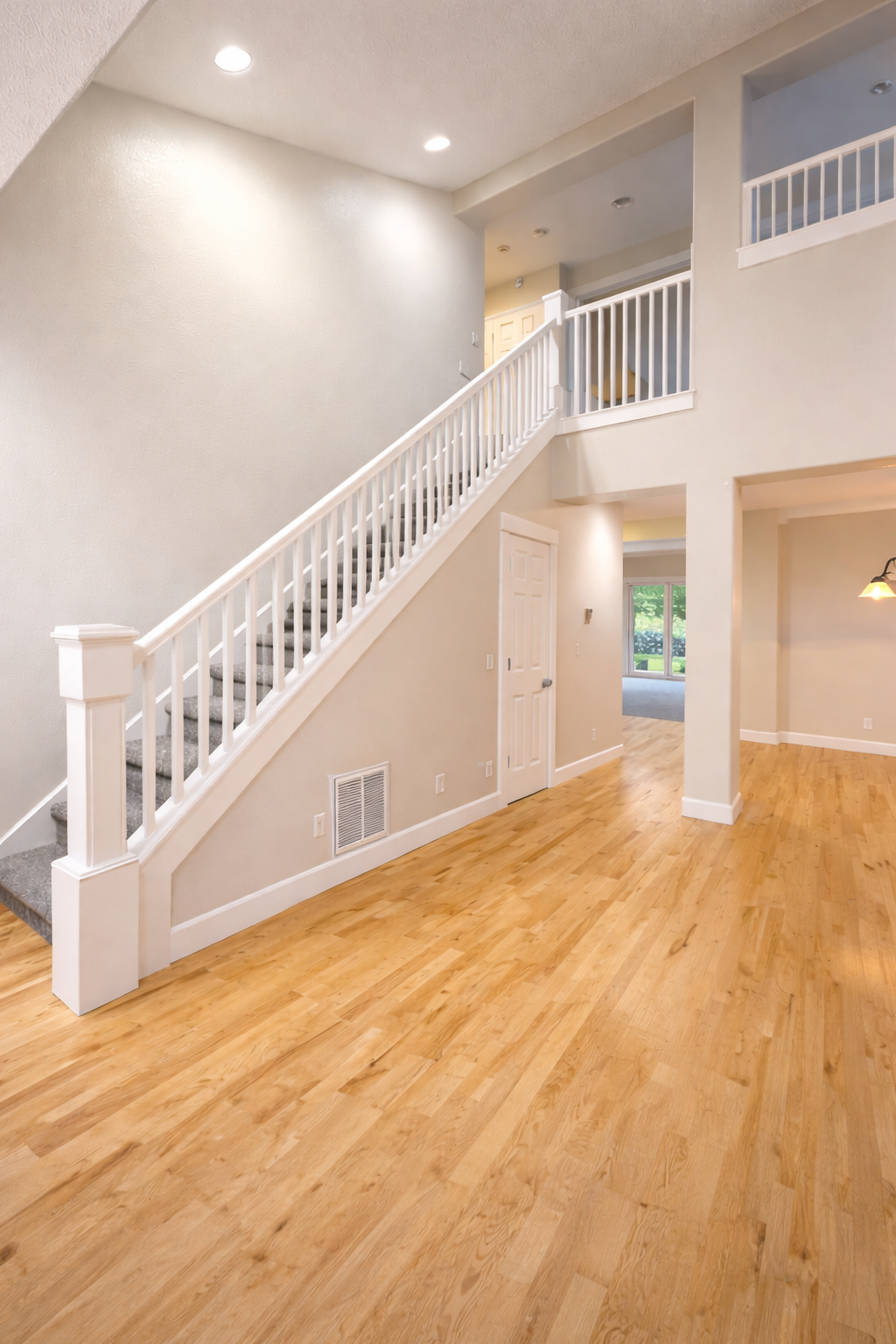 Empty living space with wooden floors, white walls, heating vent, door, staircase with white railing, and a view of a room with large windows.