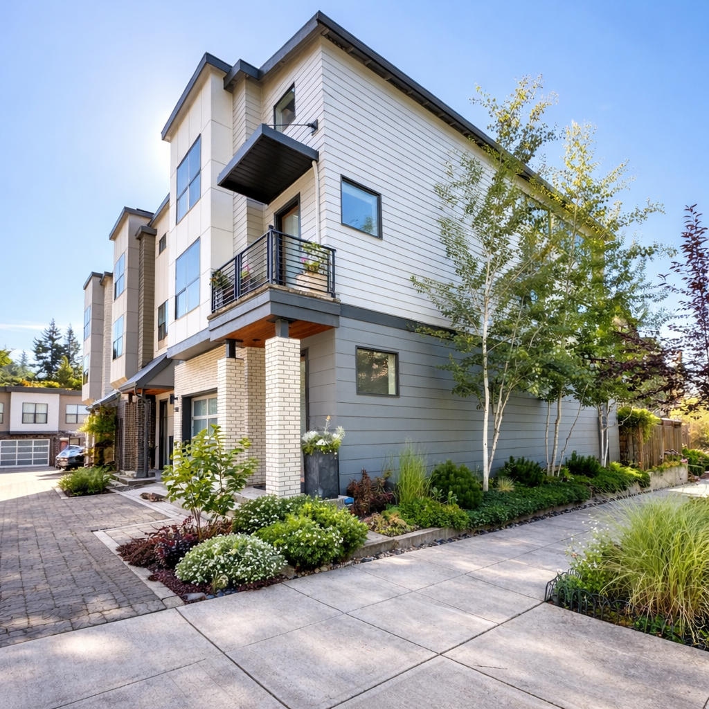 A modern, multi-story residential building with a landscaped front yard and a sidewalk. The building has white and gray siding, large windows, and small balconies. There are trees, shrubs, and flowers in the garden area.