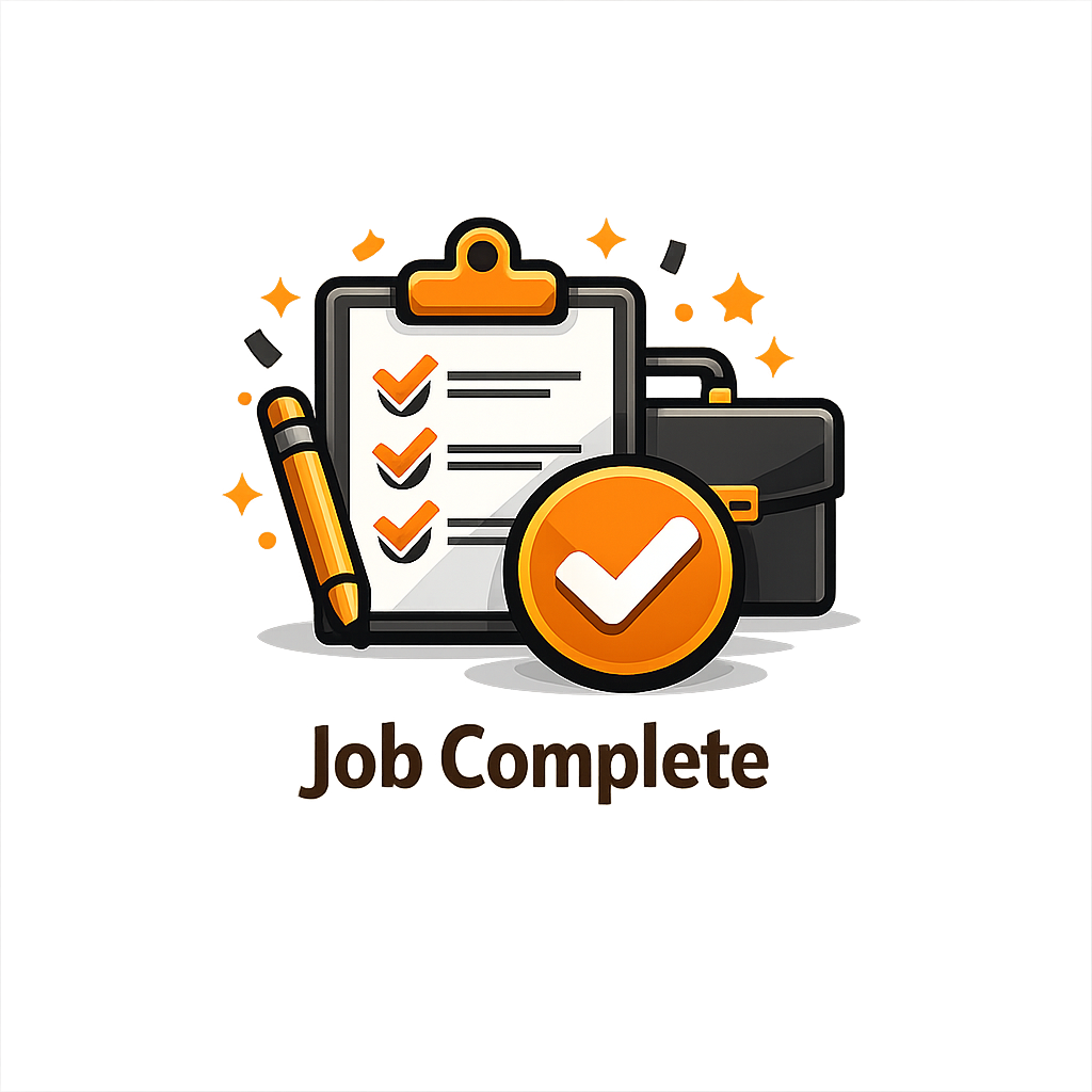 An illustration showing a checklist on a clipboard, a pen, a briefcase, and a large checkmark icon, with the text "Job Complete" below, signifying task completion or job successfully finished.