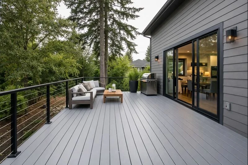 Completed outdoor patio with gray decking in Newberg, OR