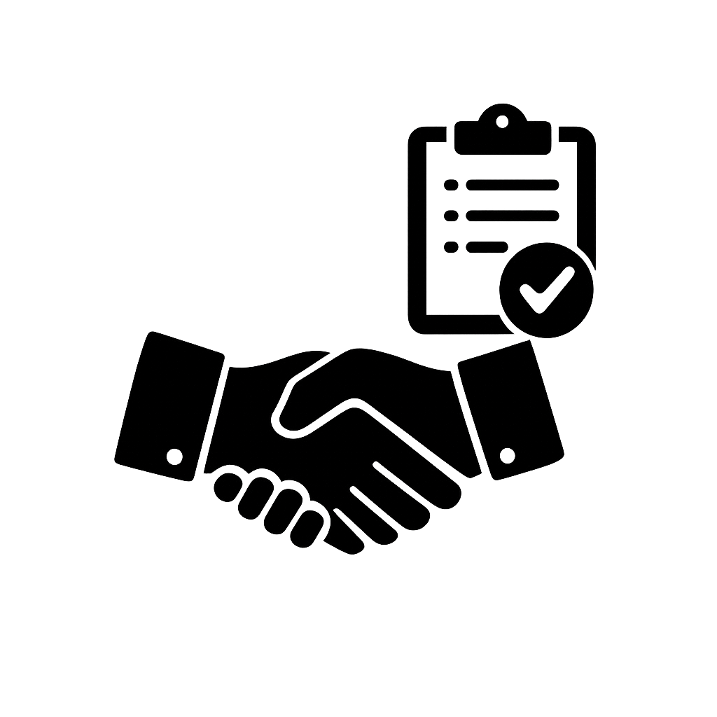 Illustration of a handshake with a clipboard and checkmark in the background, representing agreement or successful partnership.