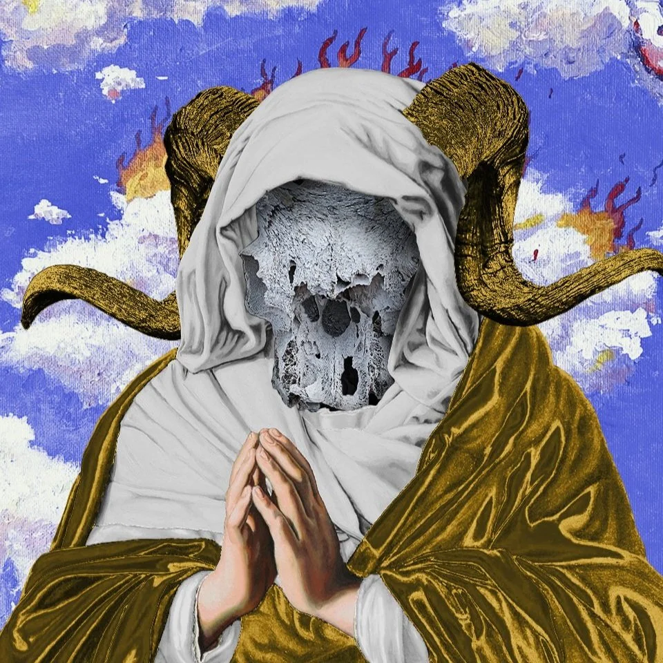 A surreal illustration of a figure resembling a religious icon with a human body and a skull face, wrapped in white and gold robes and praying with clasped hands, set against a vibrant sky with clouds and flames, with large horns protruding from the head.