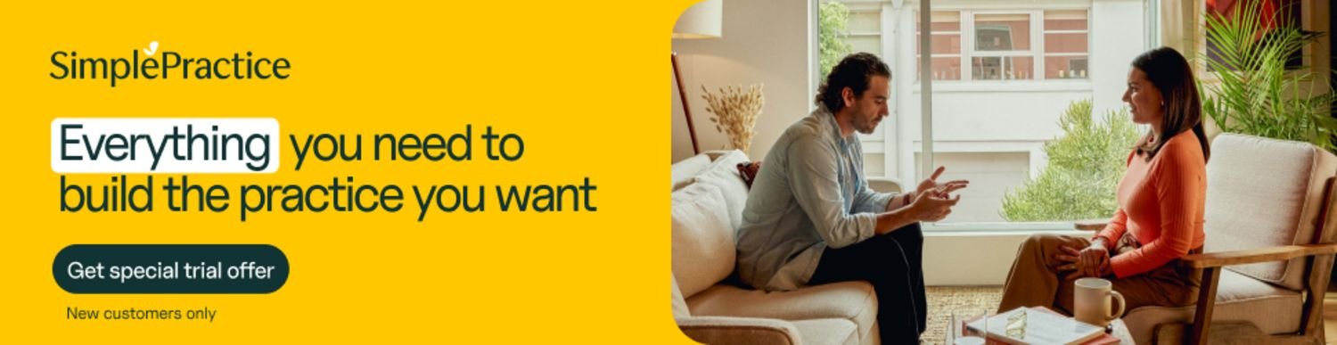 SimplePractice advertisement showing a therapist in session with a client, representing digital tools and systems that support private practice growth and professional online presence.