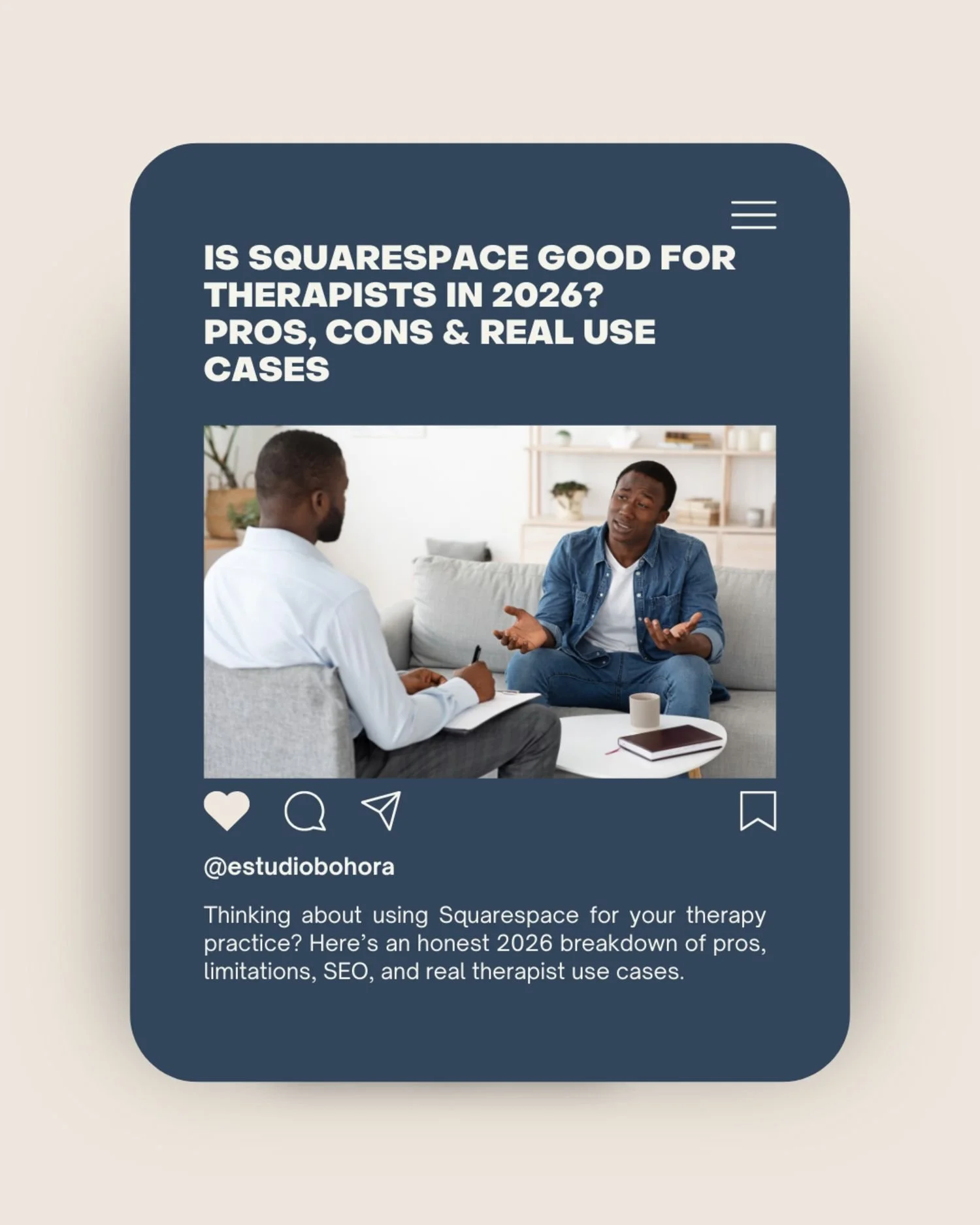 Therapist consulting with a client in a calm office, illustrating how Squarespace is used by therapists to create professional, trust-building websites in 2026.