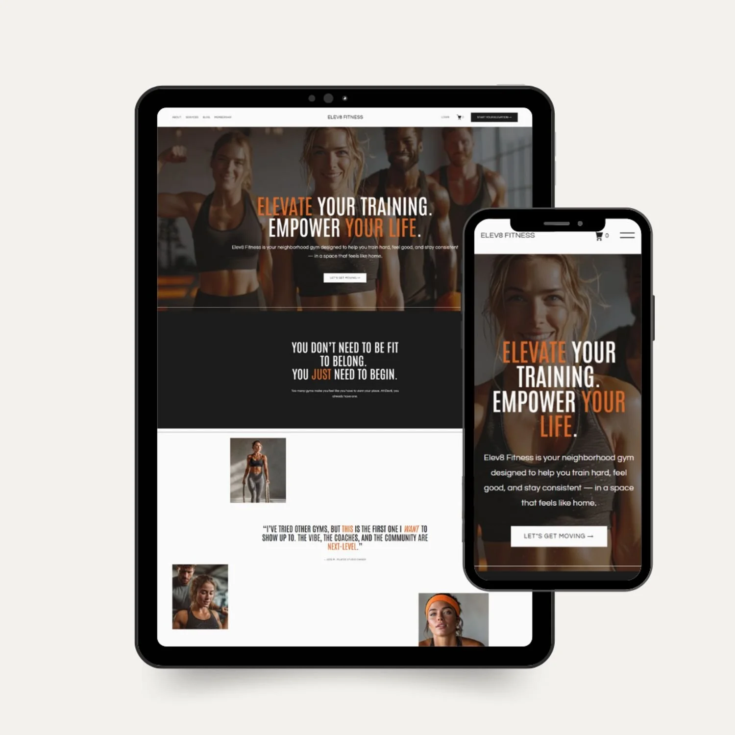 Elev8 Fitness website template mockup displayed on tablet and mobile device, showcasing a modern gym homepage with bold headline, motivational imagery, and clean design layout.
