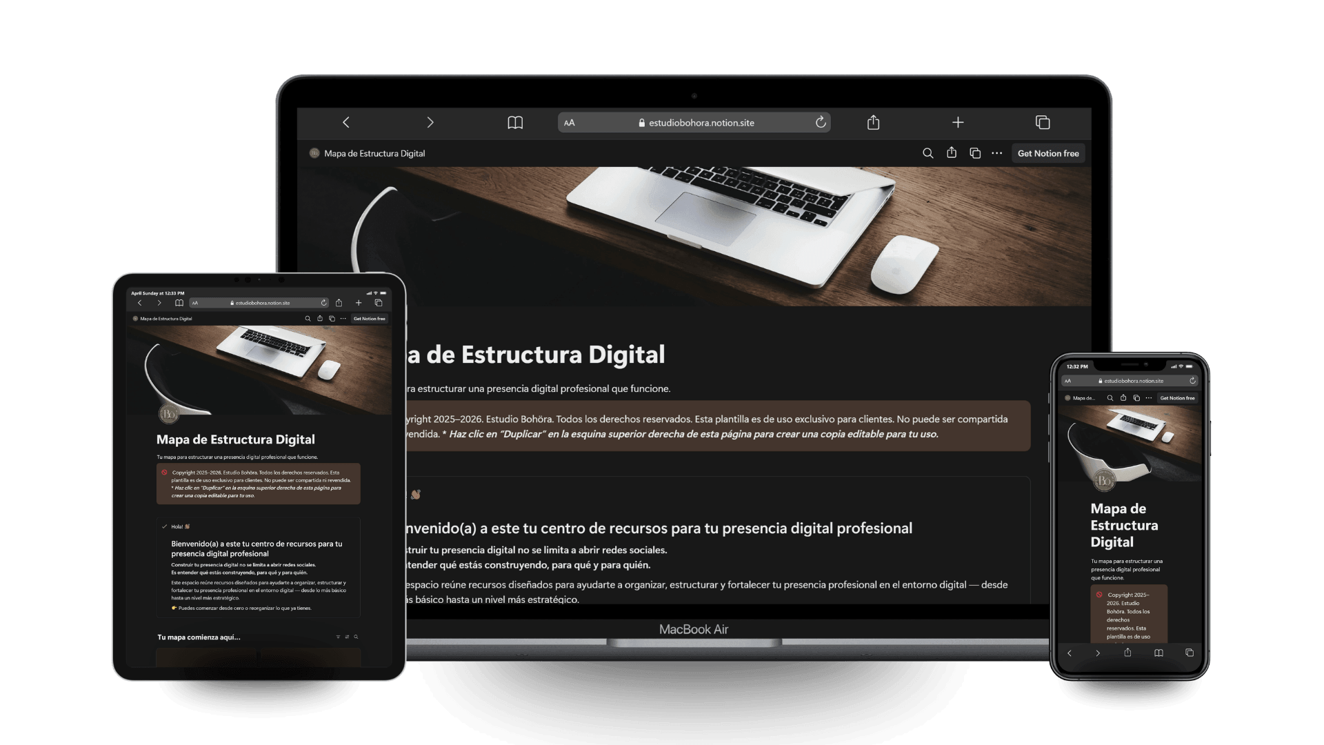 Multiple electronic devices displaying a websMapa de Estructura Digital on a tablet, smartphone, and laptop, with a wooden desk background.