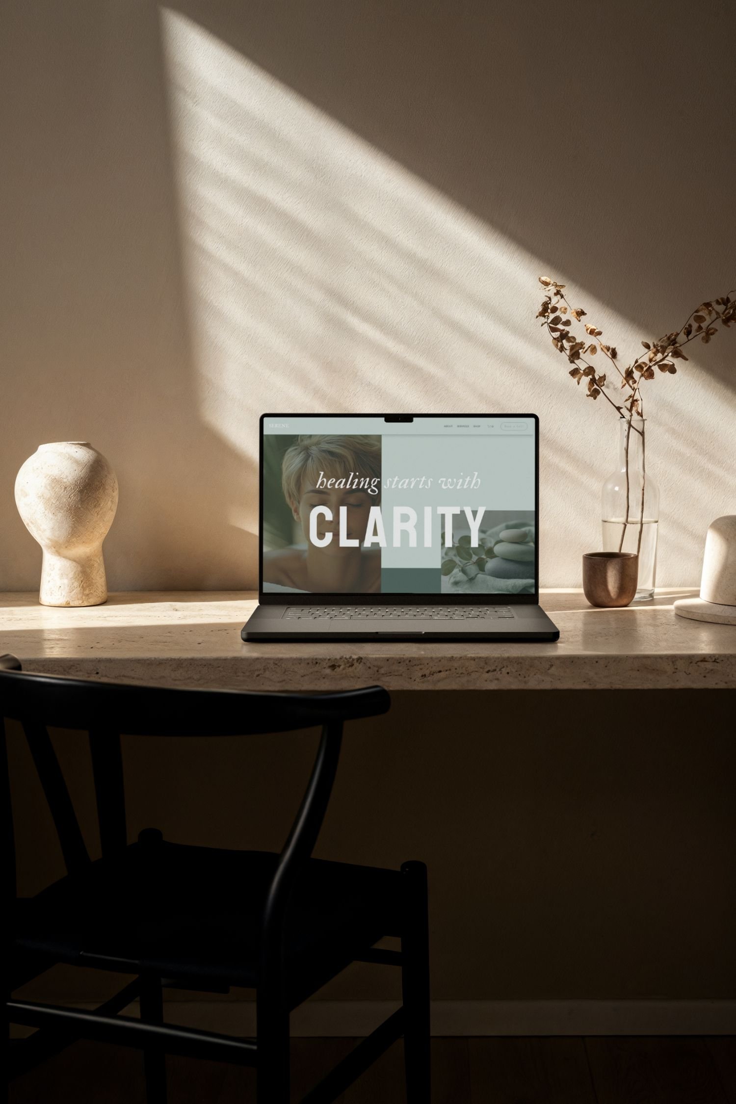 Minimalist therapy website homepage displayed on a laptop, showcasing a calm Squarespace design for therapists and wellness professionals focused on clarity, trust, and healing.