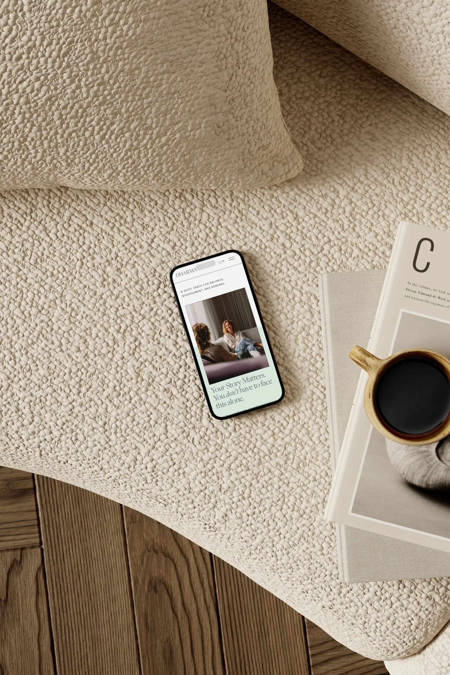 Mobile view of the Dharma website template displayed on a smartphone, showcasing a responsive design created for therapists and wellness professionals using Estudio Bohöra.