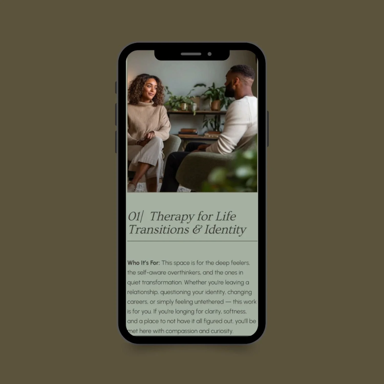Mobile screen showing Dharma therapy website design, minimalist layout for therapists focused on emotional wellness and client-centered care.