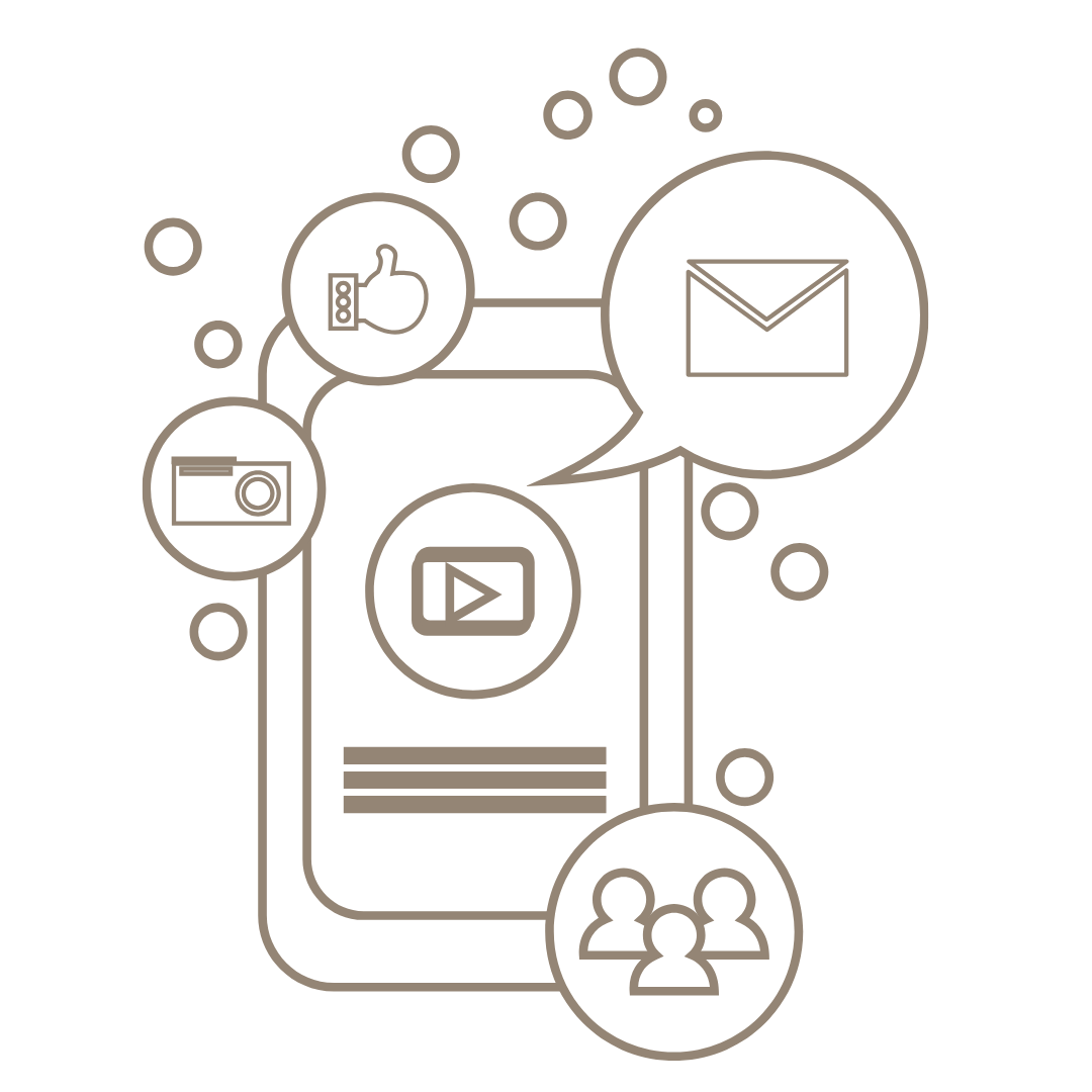 Line drawing of a mobile phone with icons representing a thumbs up, an envelope, a video, a group of people, and a camera around it, indicating social media and communication.