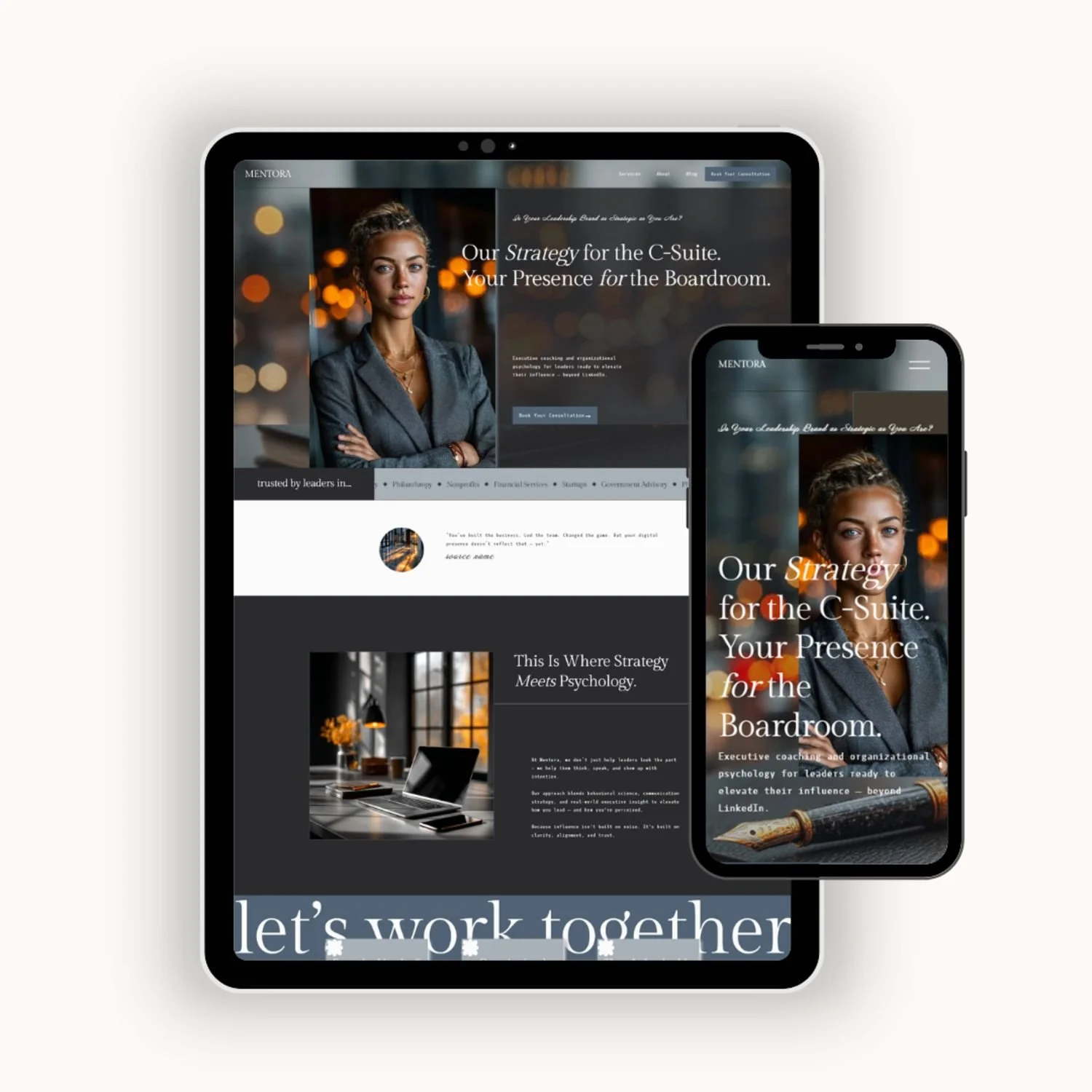 Mentora Squarespace website template by Bohora for consultants and executive coaches, featuring a high-end, professional layout optimized for authority and client trust
