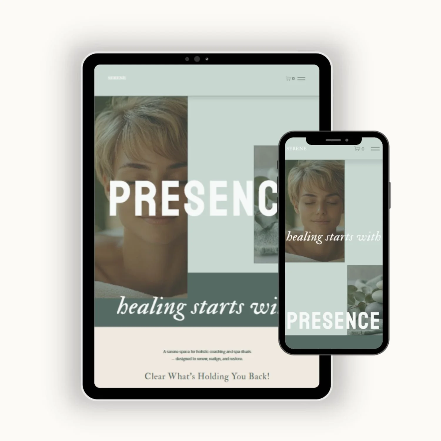 Serene Squarespace website template by Bohora for wellness professionals and therapists, designed with a soft, calming aesthetic to support healing and presence