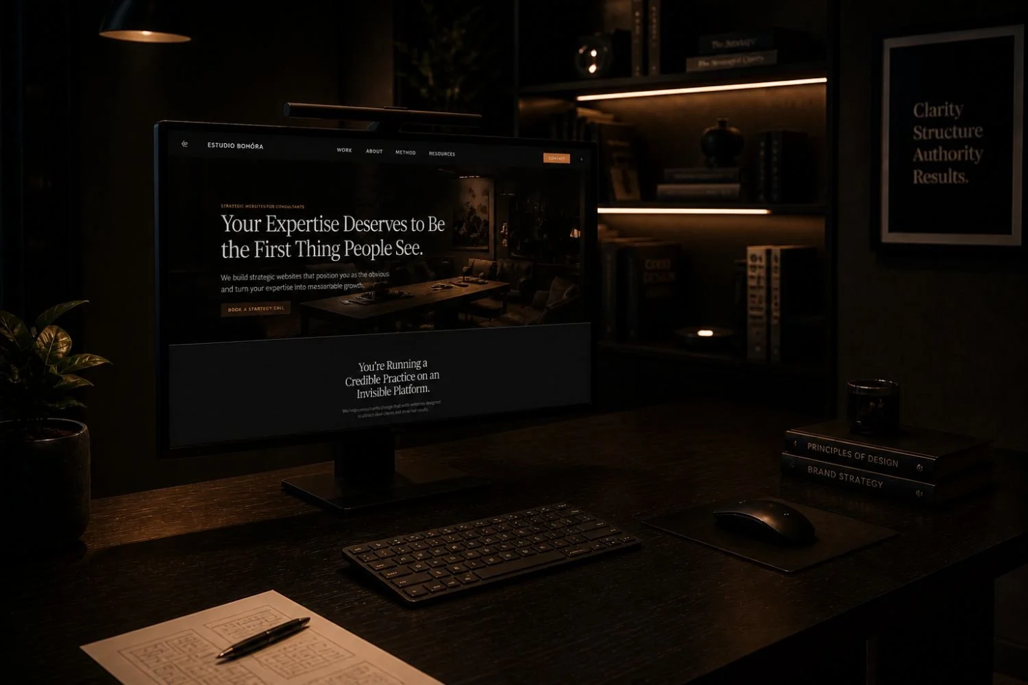 Strategic Estudio Bohöra homepage displayed on a desktop monitor, designed for consultants and professionals who want to position their expertise and convert visitors into clients.
