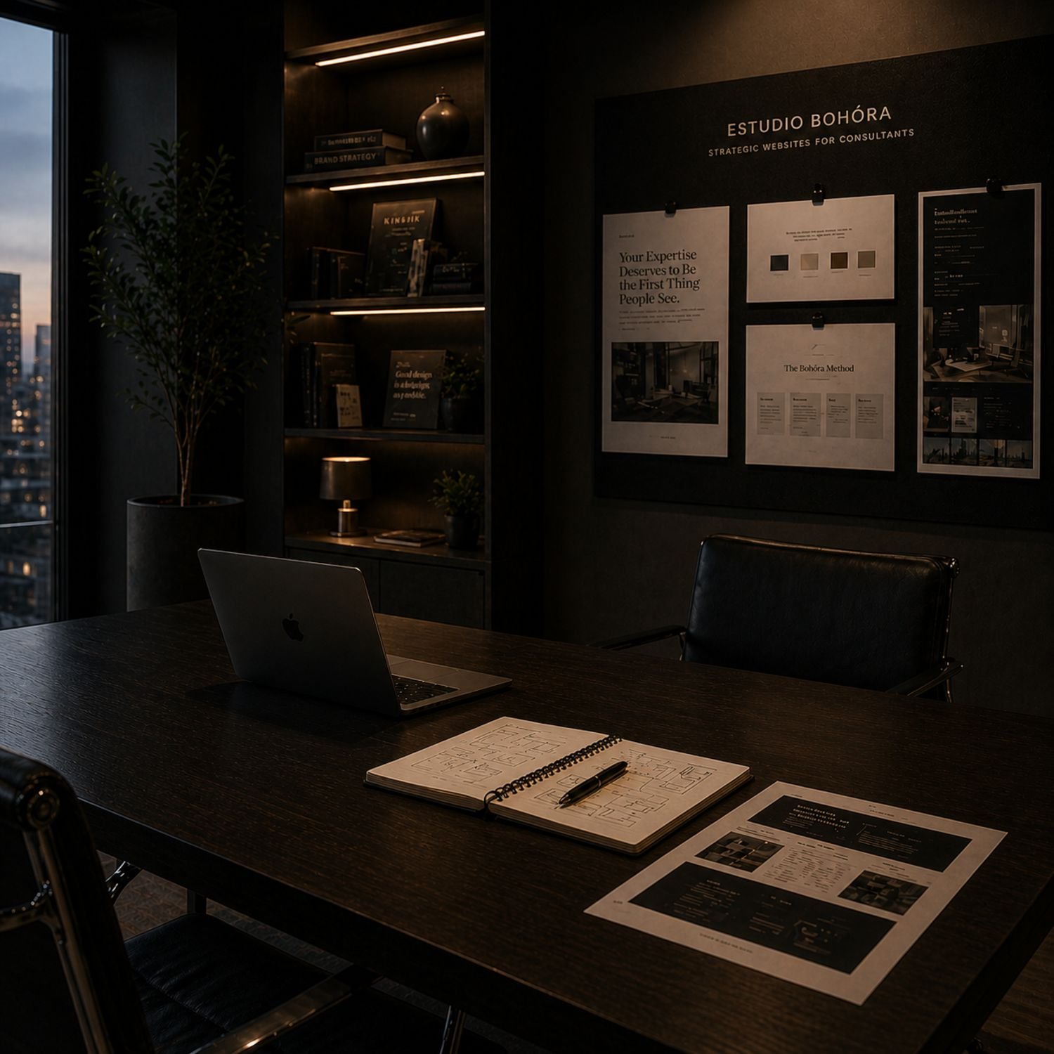 Premium Estudio Bohöra workspace with strategic branding, consultant website design, and visual materials focused on clarity, authority, and results.