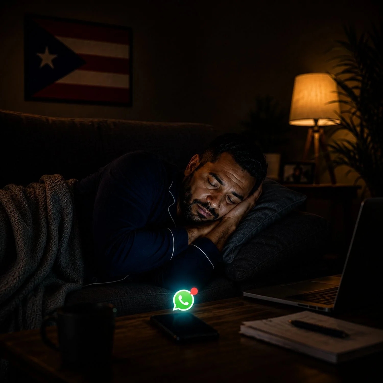Empresario dormido mientras recibe un mensaje de WhatsApp fuera de horario, ilustrando la necesidad de automatizar la atención al cliente.