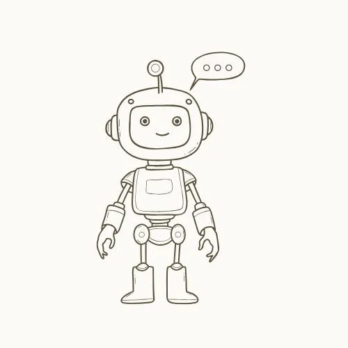 Simple line drawing of a cartoon robot with a smiling face, antennas, and a speech bubble.