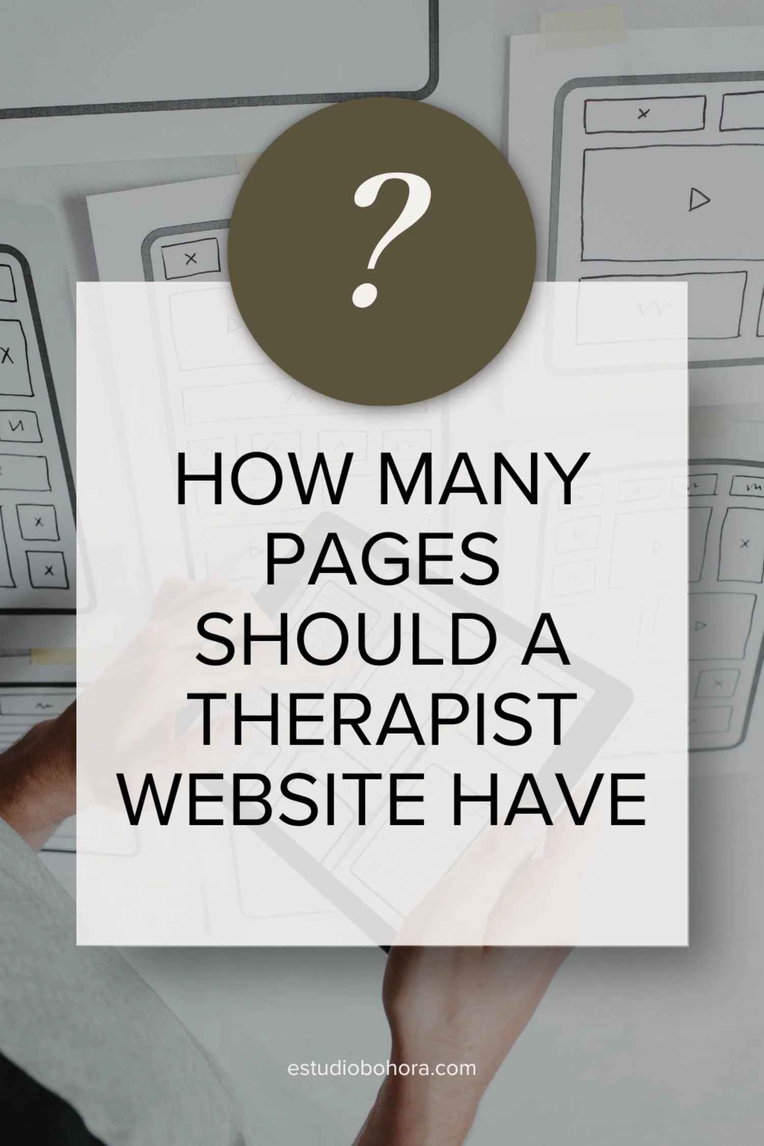 Graphic with text “How Many Pages Should a Therapist Website Have” over a website wireframe background, promoting a blog about therapist website structure, one page vs full website design, and SEO strategy for private practice.