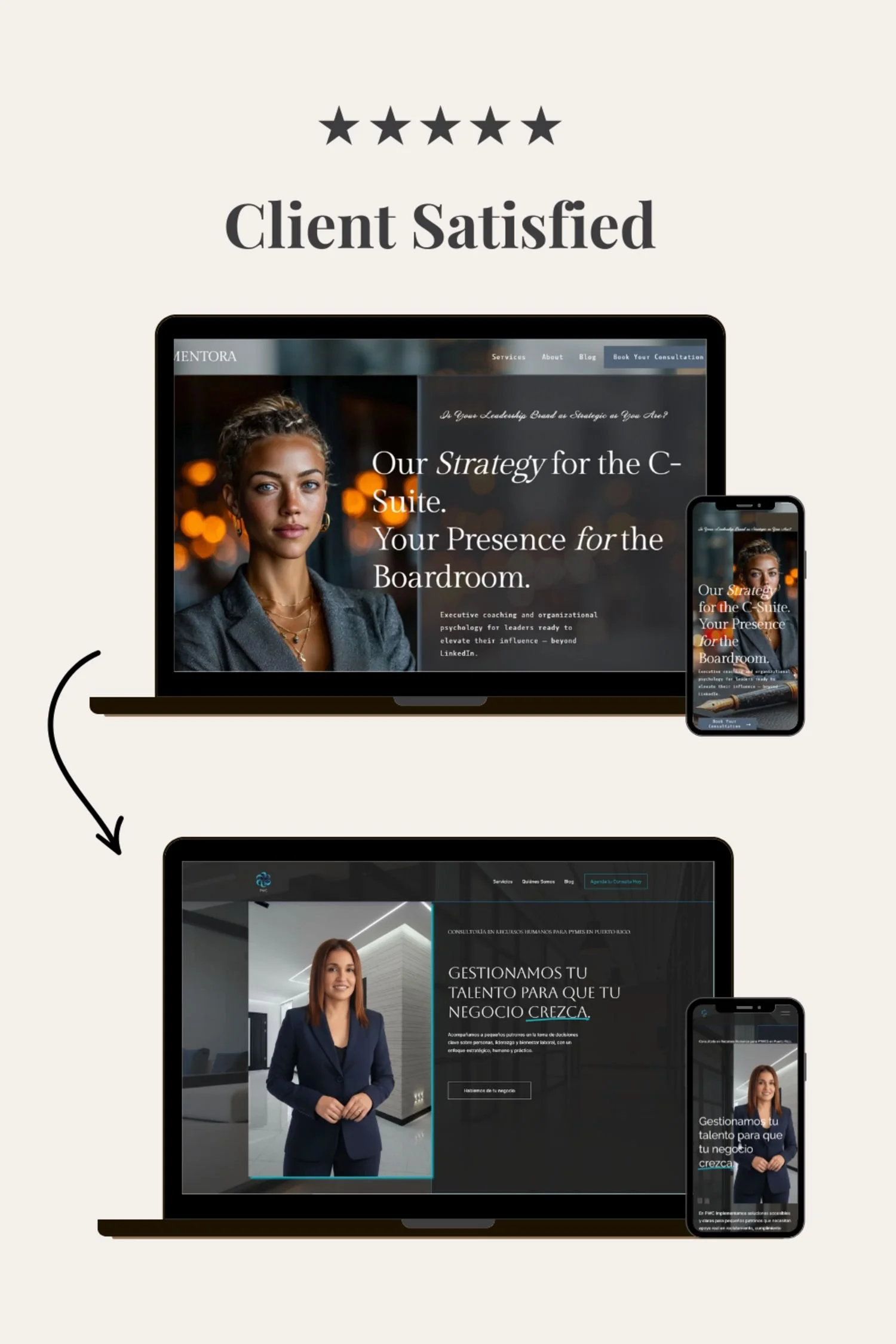 Before-and-after website comparison showing how the Mentora Squarespace template transformed PWC’s homepage into a clean, professional, and strategic online presence, reflecting client satisfaction and brand growth.