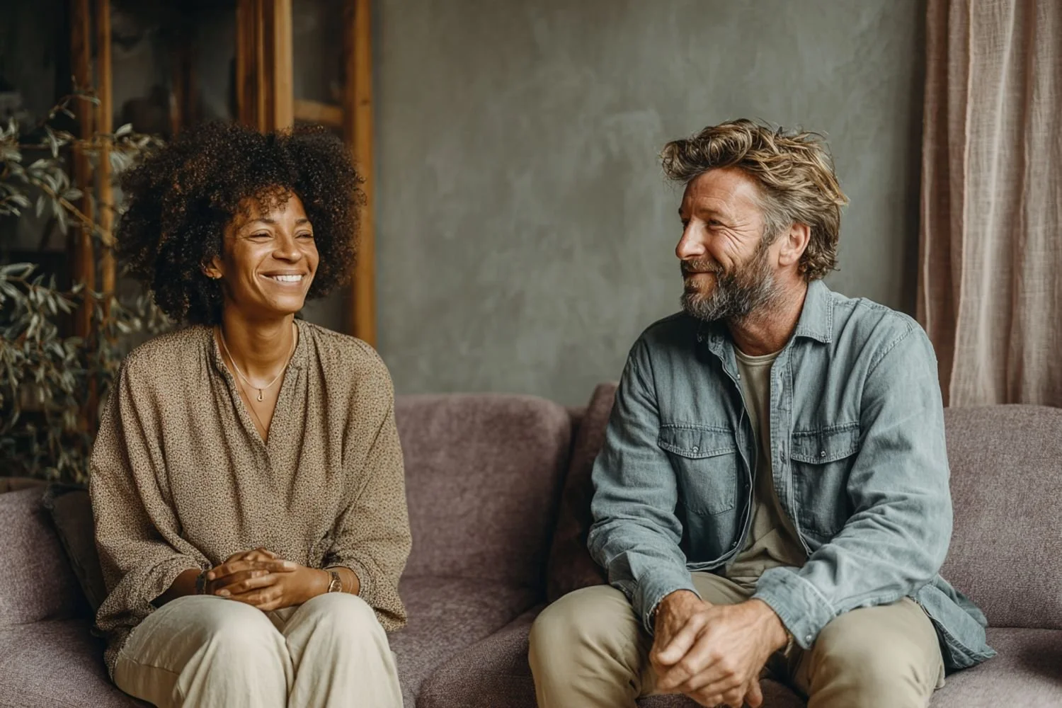 Therapy session between two adults in a warm, neutral environment focused on connection and support
