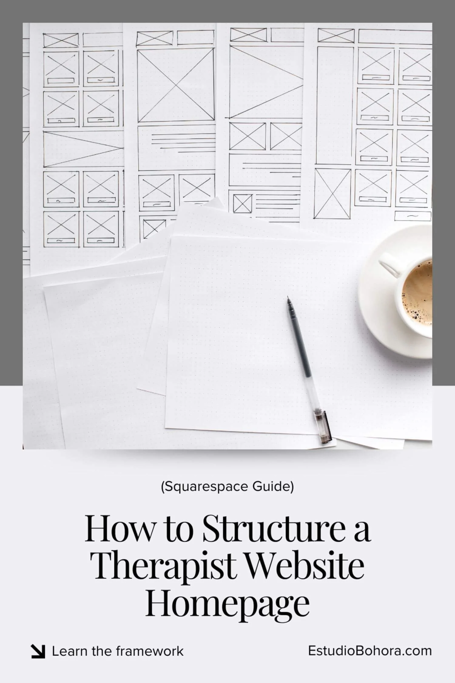 Minimalist workspace with wireframe sketches showing how to structure a therapist website homepage on Squarespace.