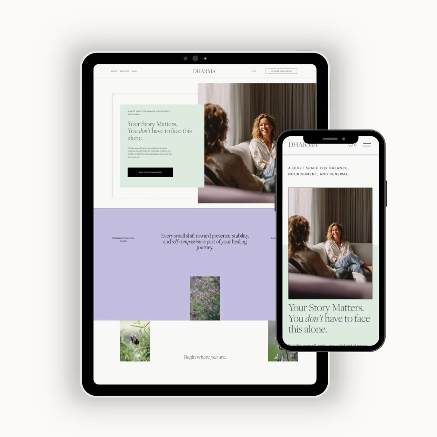 Serene Squarespace website template by Bohora for wellness professionals and therapists, designed with a soft, calming aesthetic to support healing and presence
