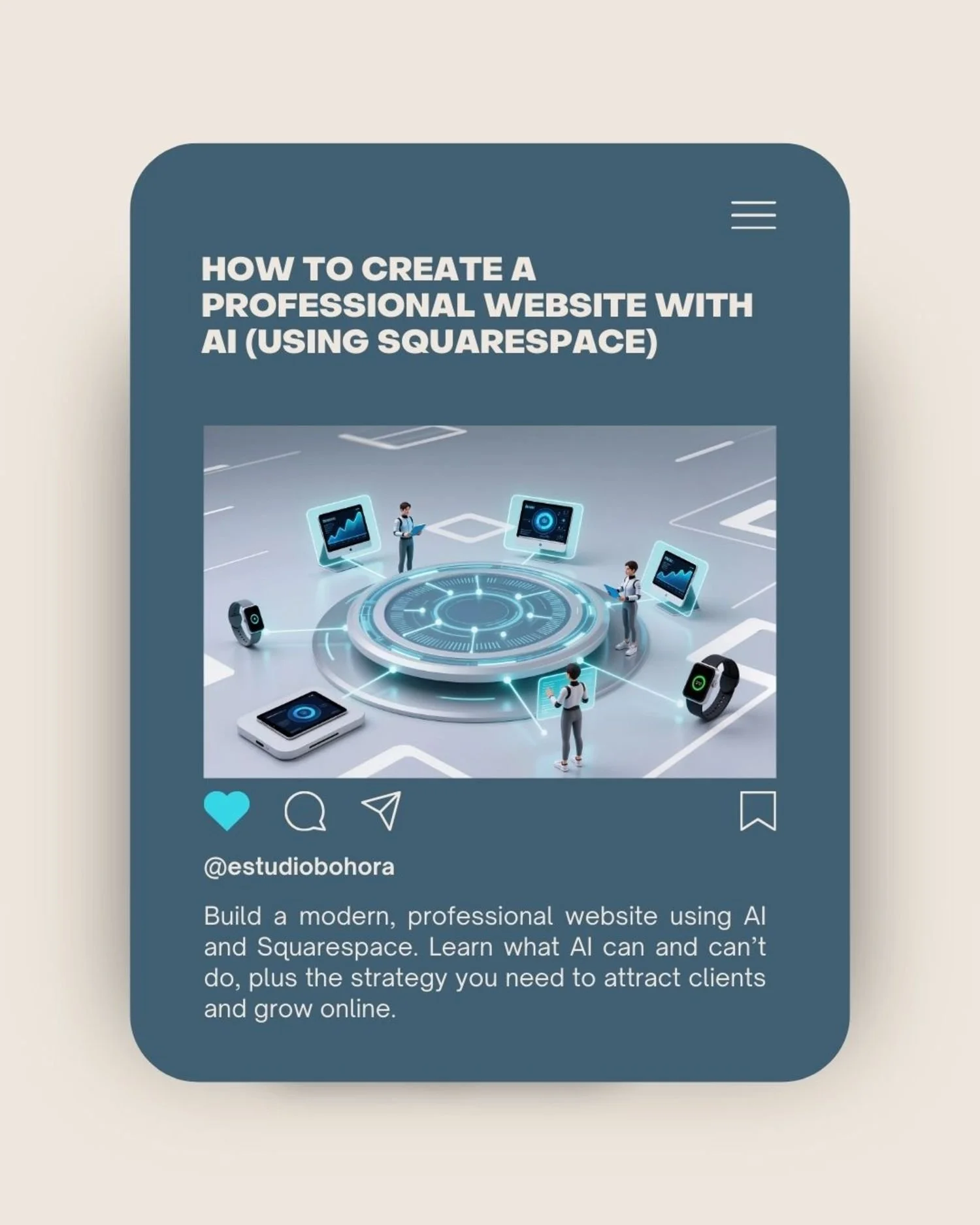 AI-themed illustration showing professionals building a website in Squarespace, highlighting how Estudio Bohöra blends AI tools with strategic templates for therapists, coaches, and service-based businesses.