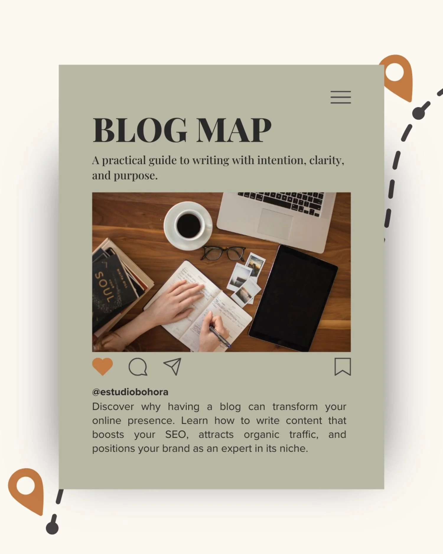 Blog Map cover by Estudio Bohöra featuring a styled desk scene with notebook and digital tools, symbolizing strategic blogging, SEO-friendly content creation, and intentional writing for professionals.