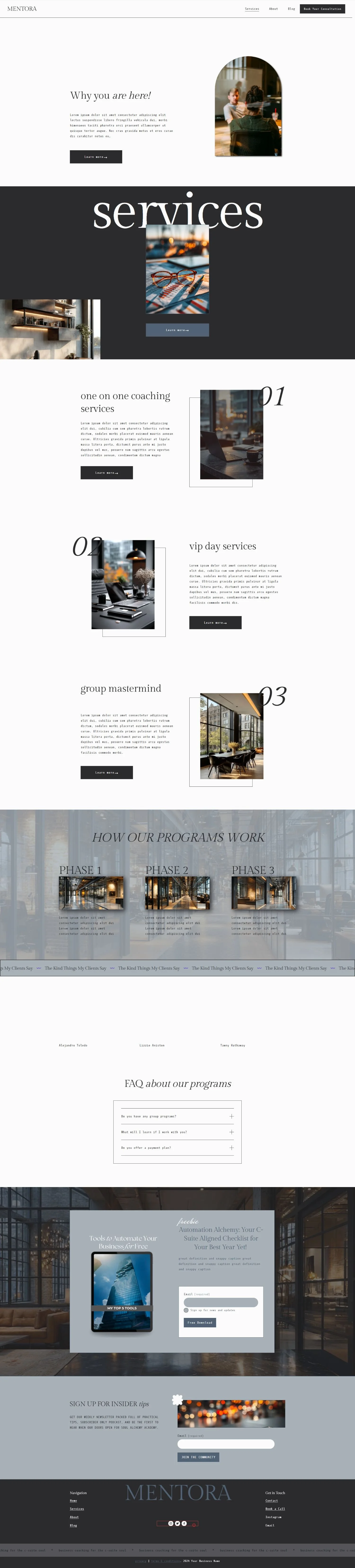 A webpage layout for Mentora services, featuring sections on coaching services, VIP day services, group mastermind, and program phases, with images of modern office spaces, people in meetings, and work settings, along with FAQ and subscription sign-up areas.