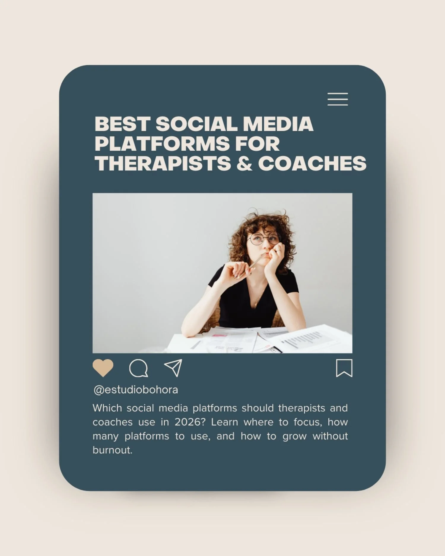 Blog promotion graphic for therapists and coaches about the best social media platforms to use in 2026, designed with a modern, calm aesthetic and professional branding.