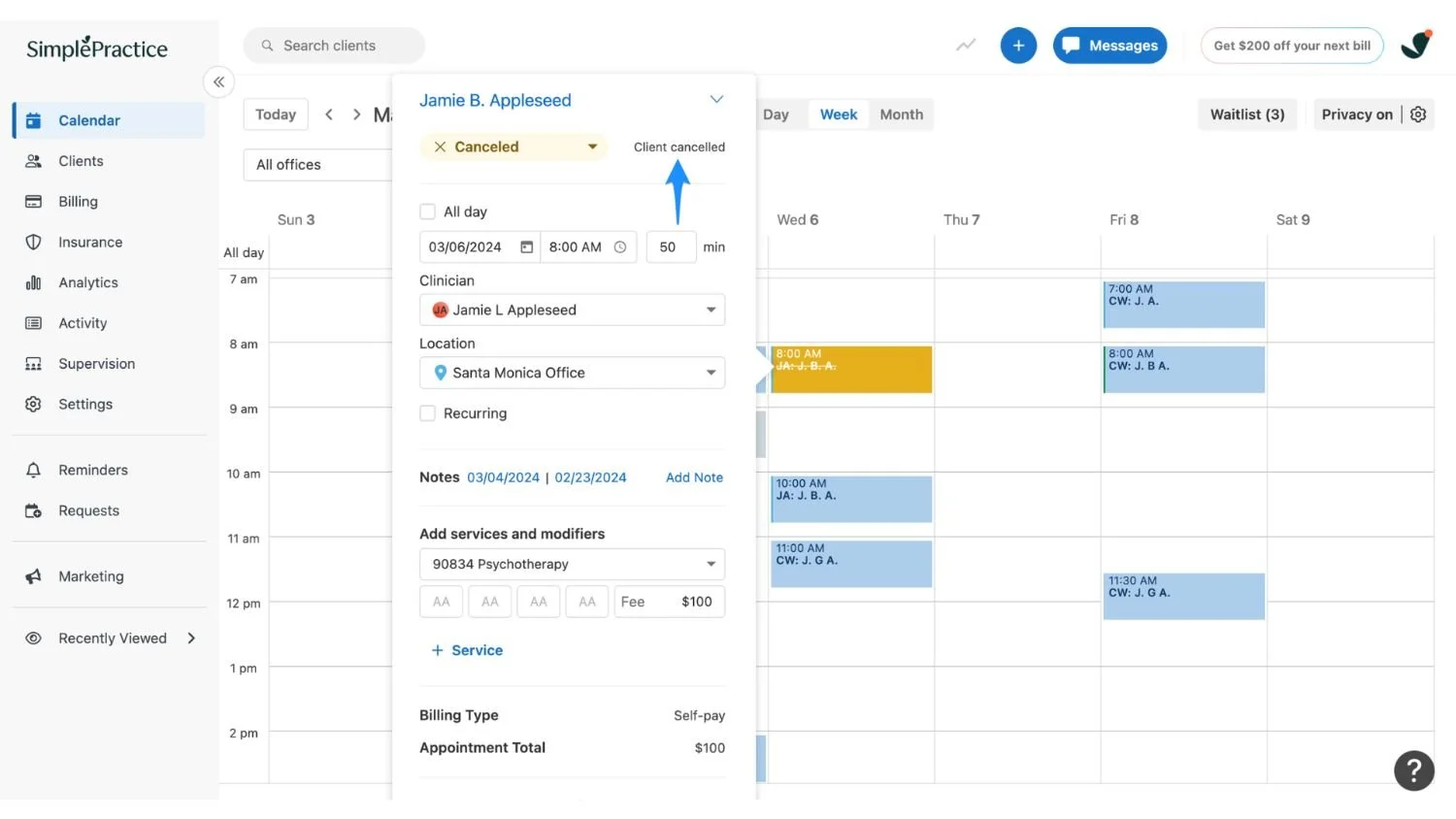 SimplePractice scheduling dashboard showing therapist appointment management and online booking integration for a Squarespace therapist website