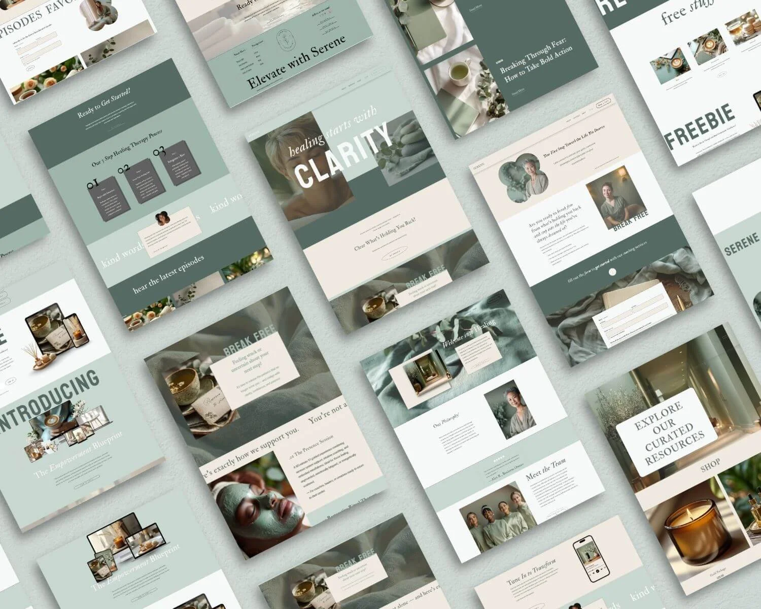 Wellness and holistic therapist Squarespace website template with soft green tones, calming visuals, and modern layout for coaches, healers, and wellness businesses.