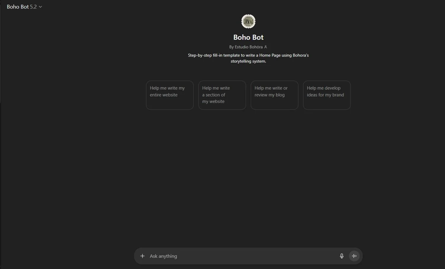Screenshot of the Boho Bot website homepage with a dark background, a logo at the top, and four options for writing or developing content, centered on the page.