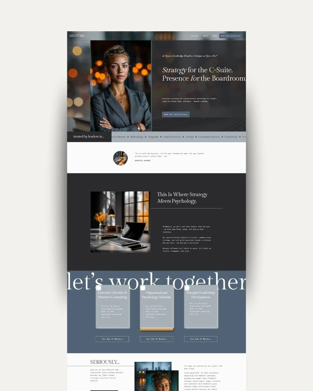 Mentora Squarespace template demo for consultants, coaches, and professionals — clean business website design with sections for services, about, and client solutions
