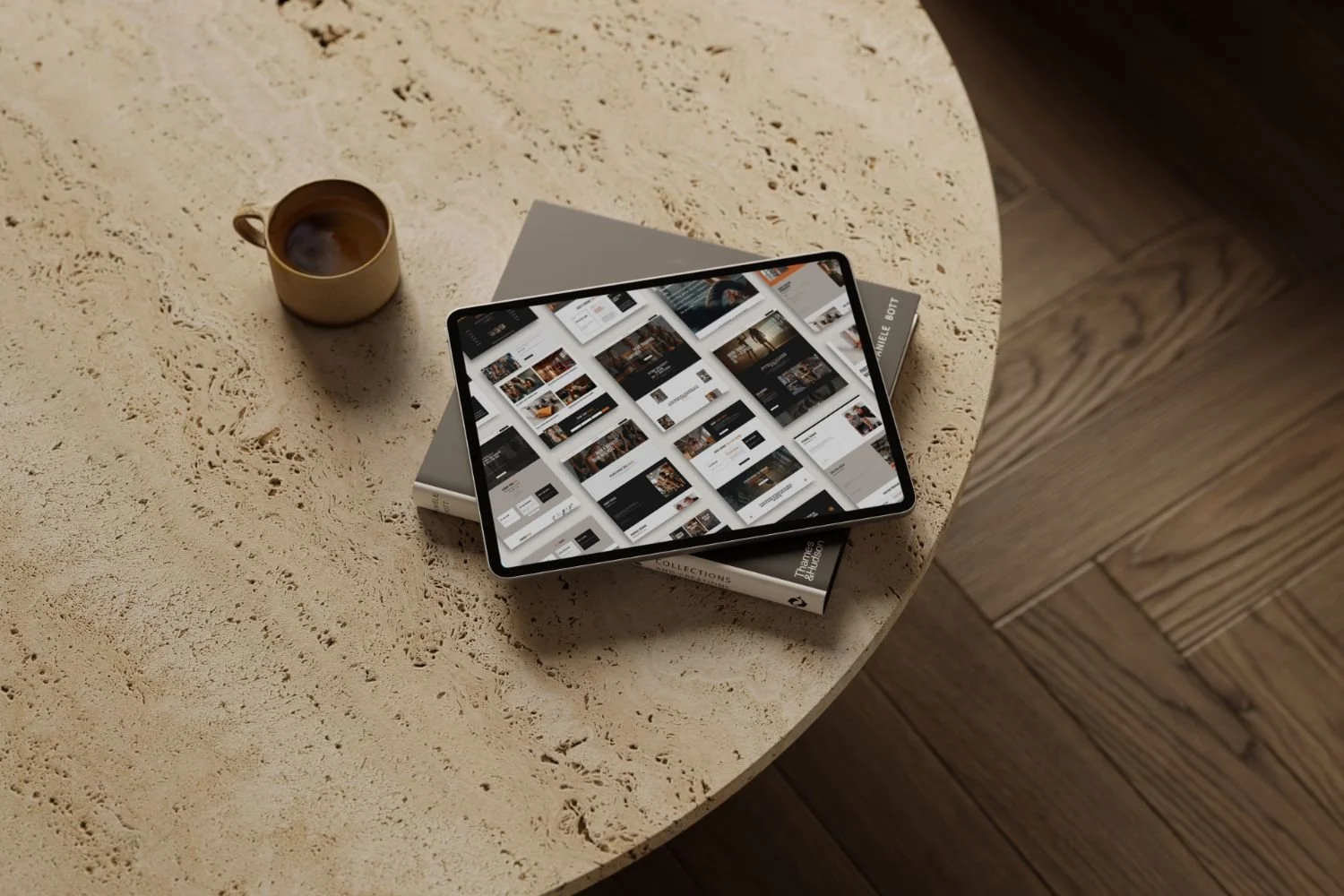 Tablet showcasing modern Squarespace website templates designed for therapists, coaches, and service-based brands, styled in a calm, editorial workspace.