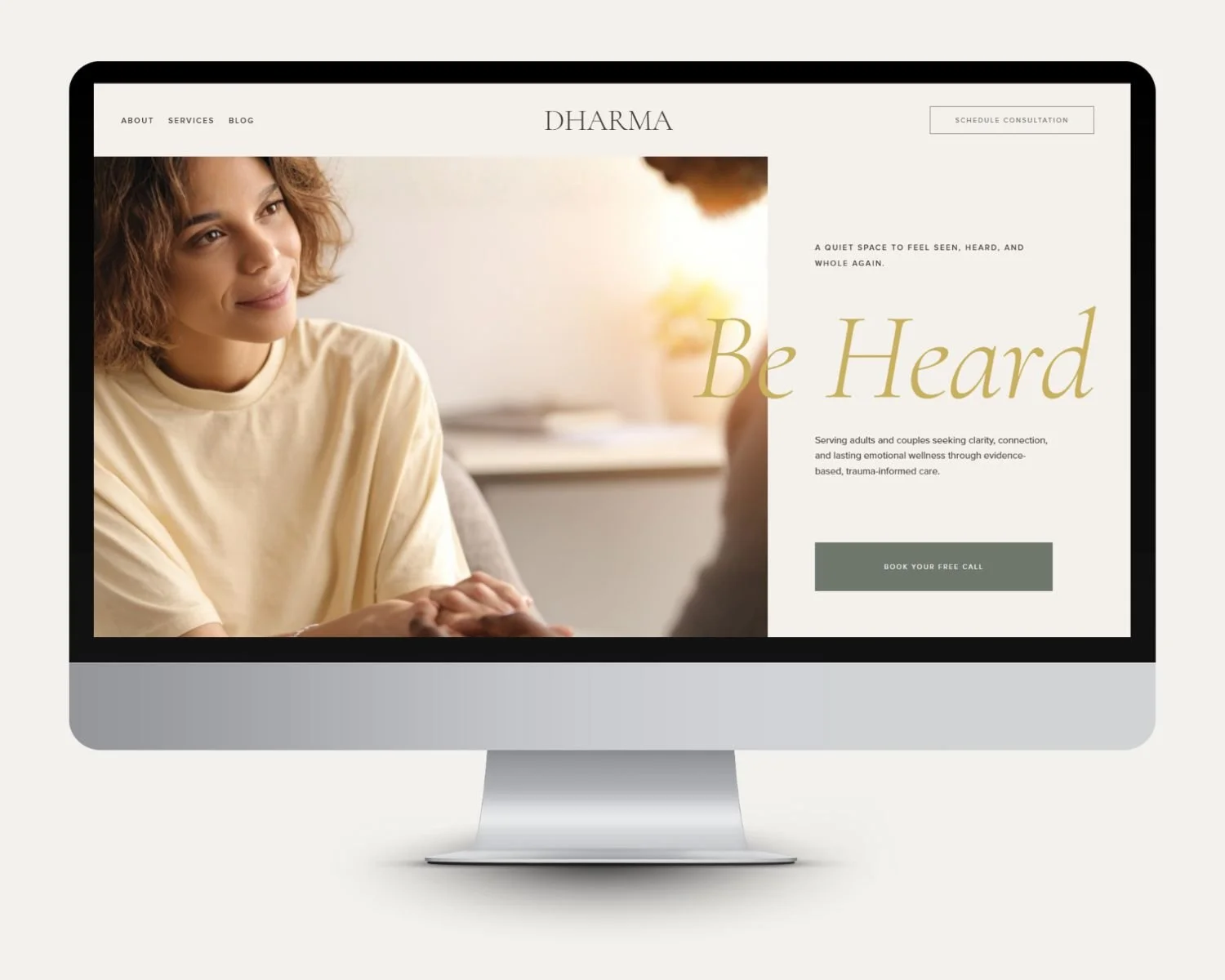 Dharma, a therapist website homepage displayed on desktop, featuring a calm design for private practice with trust-focused messaging.