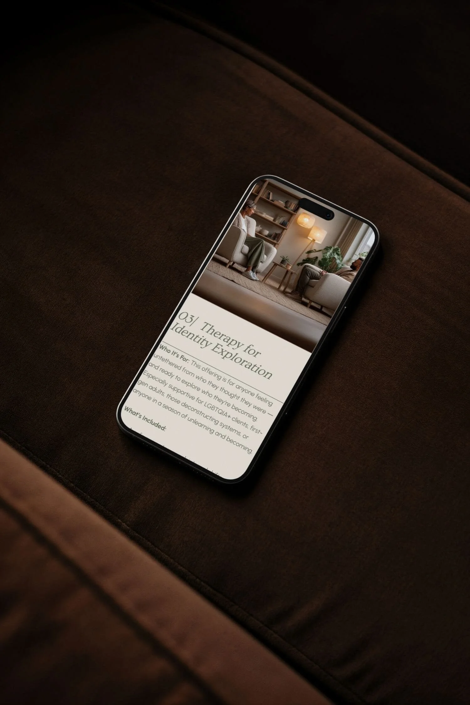 Therapist website preview on smartphone featuring Bohöra’s minimalist Squarespace template for psychologists and wellness brands.