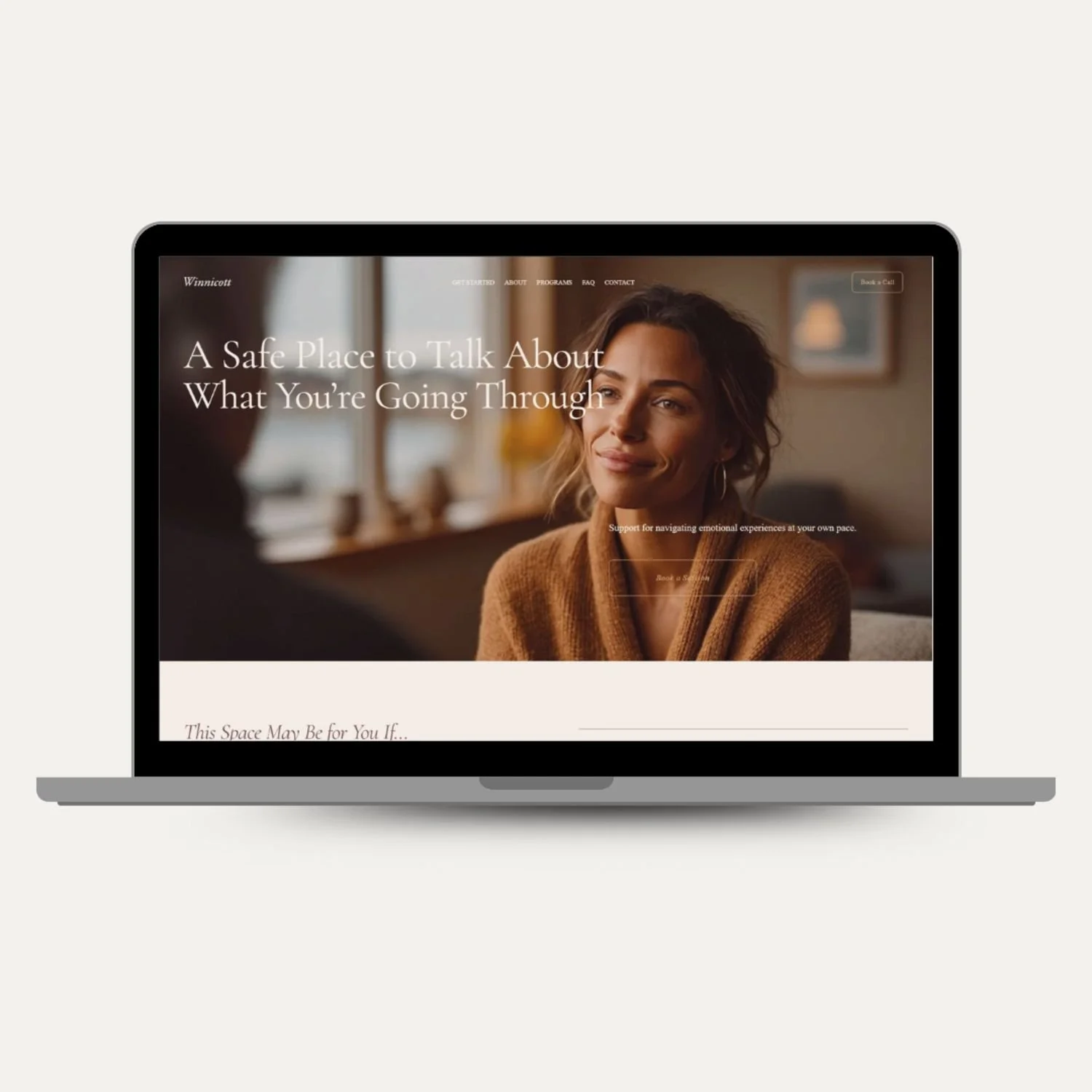 One-page therapy website mini site displayed on laptop, featuring a calm homepage design for therapists focused on trust, emotional support, and client connection.