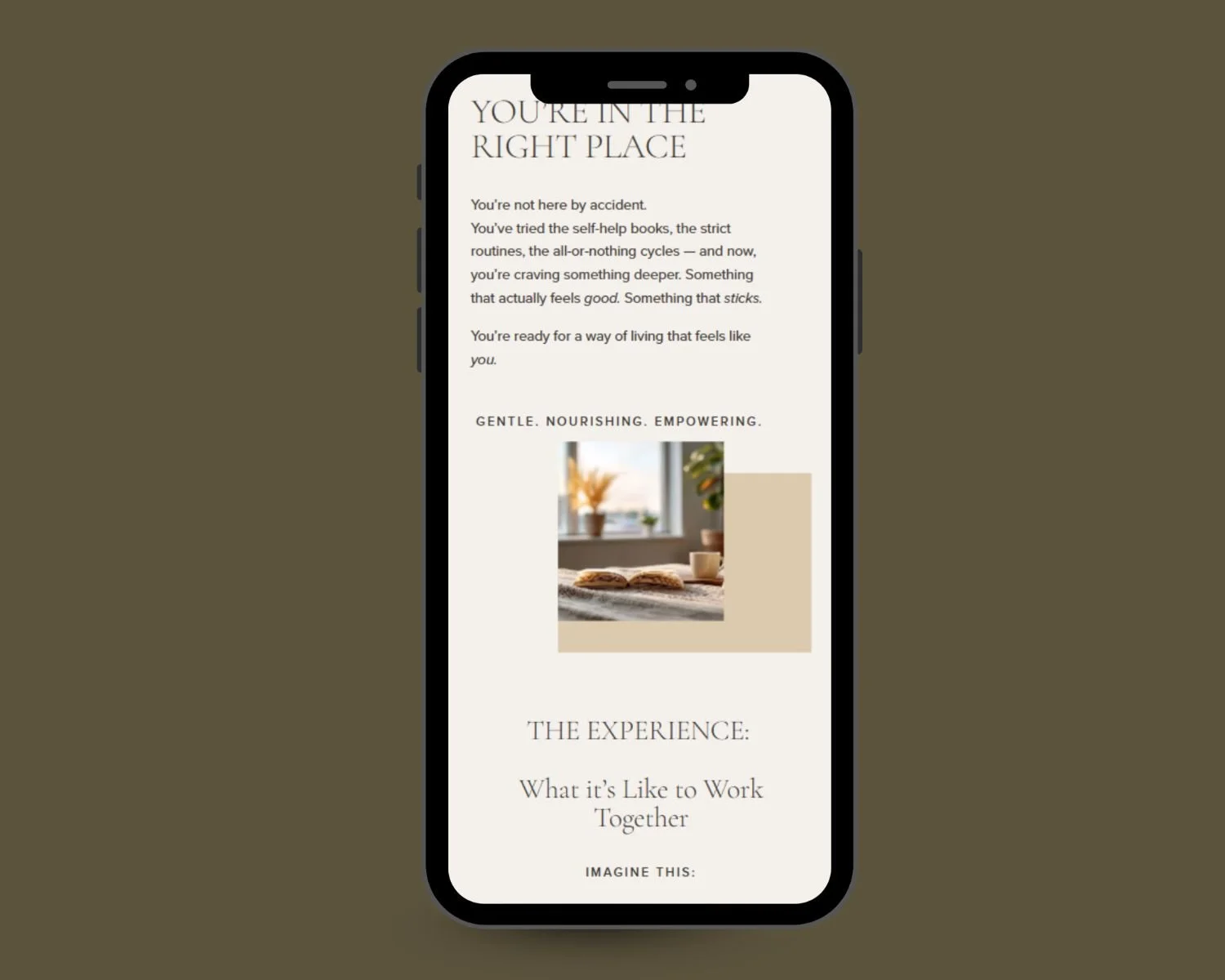 Mobile screen showing Dharma therapy website design, minimalist layout for therapists focused on emotional wellness and client-centered care.
