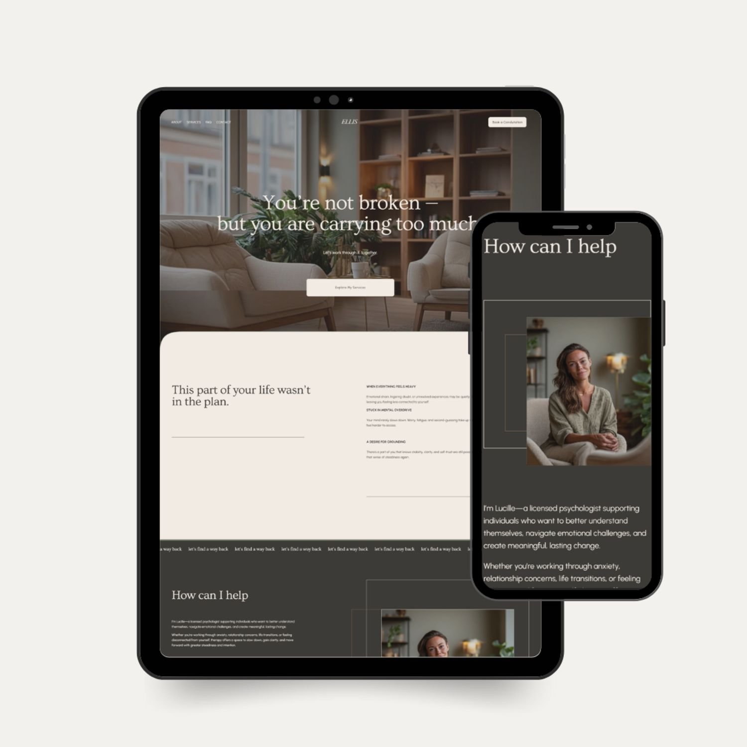 Responsive of Ellis, a Squarespace mini site for therapists shown on tablet and mobile, designed to build trust with a calm, modern layout.