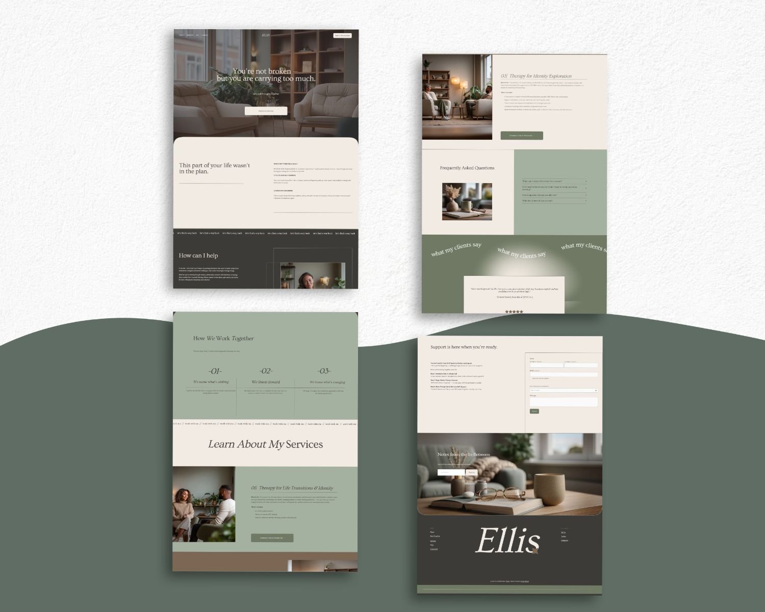 One-page Squarespace therapist website template with calming design, structured sections, and simple layout ideal for psychologists, counselors, and private practices.