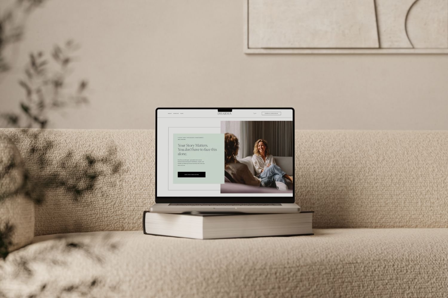 Premium Squarespace website template for therapists shown on a laptop, featuring a calm, professional layout designed to build trust and clarity with clients.