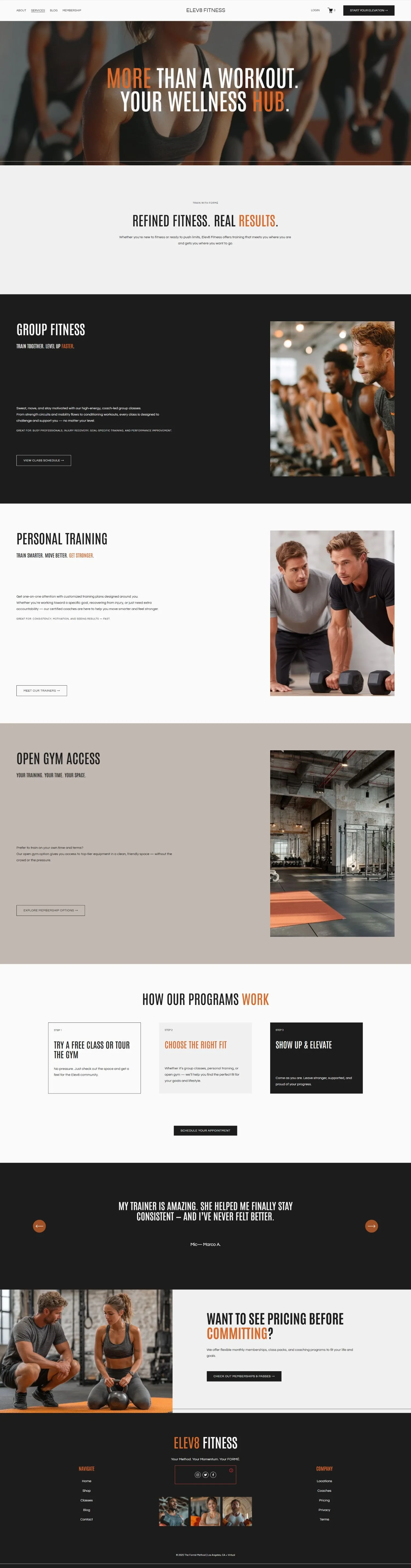 Modern fitness and wellness website design with blog sections, services, and lead magnets, built as a Squarespace template for service-based fitness businesses.