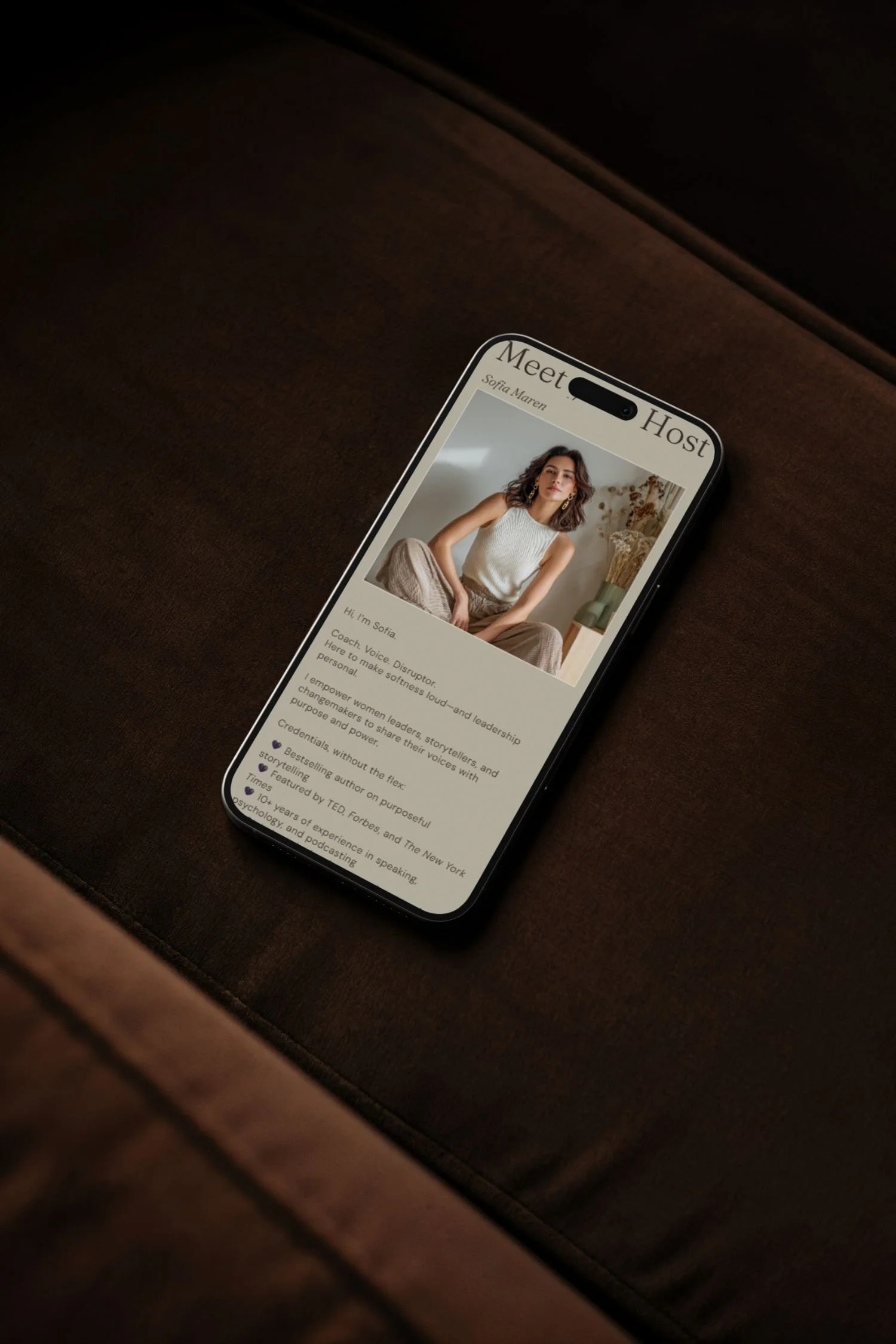 Mobile mockup of the Vocera Squarespace podcast website template by Bohöra, showing the “Meet the Host” section designed for coaches, therapists, and creative brands with a podcast.
