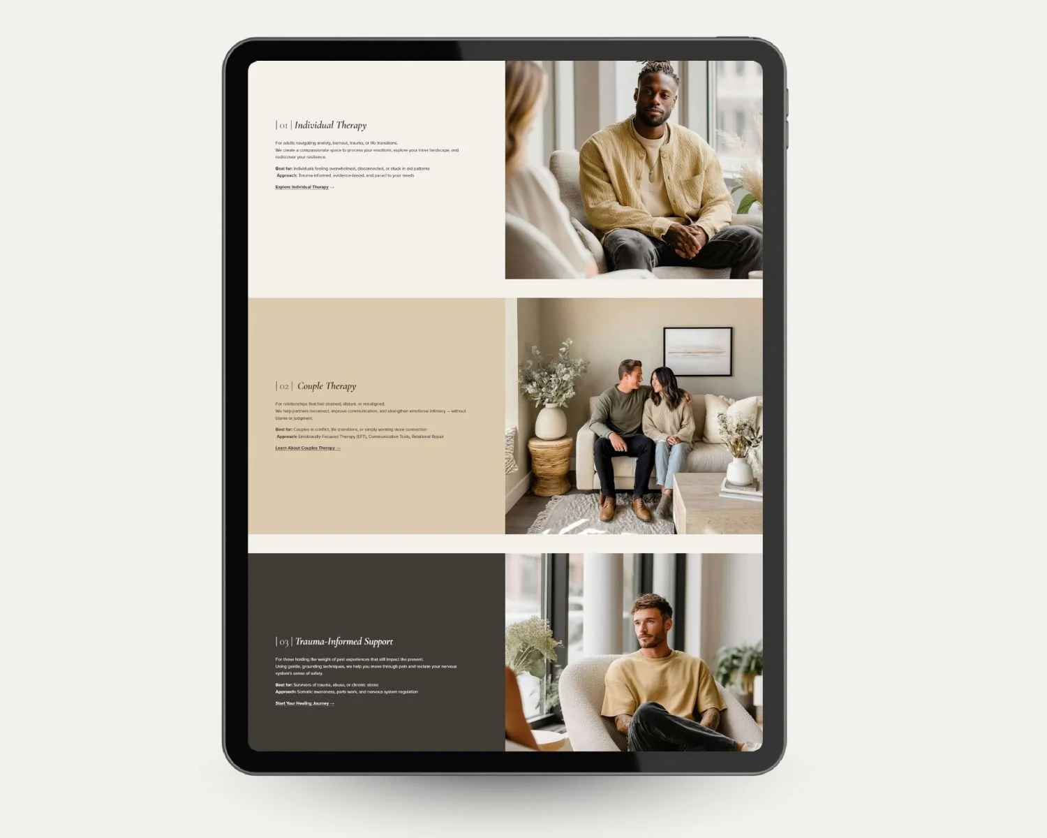 Tablet view of Dharma, a Squarespace therapist website template displaying individual therapy, couples therapy, and trauma-informed support sections with inclusive client imagery and a calm, modern layout for therapists and psychologists.