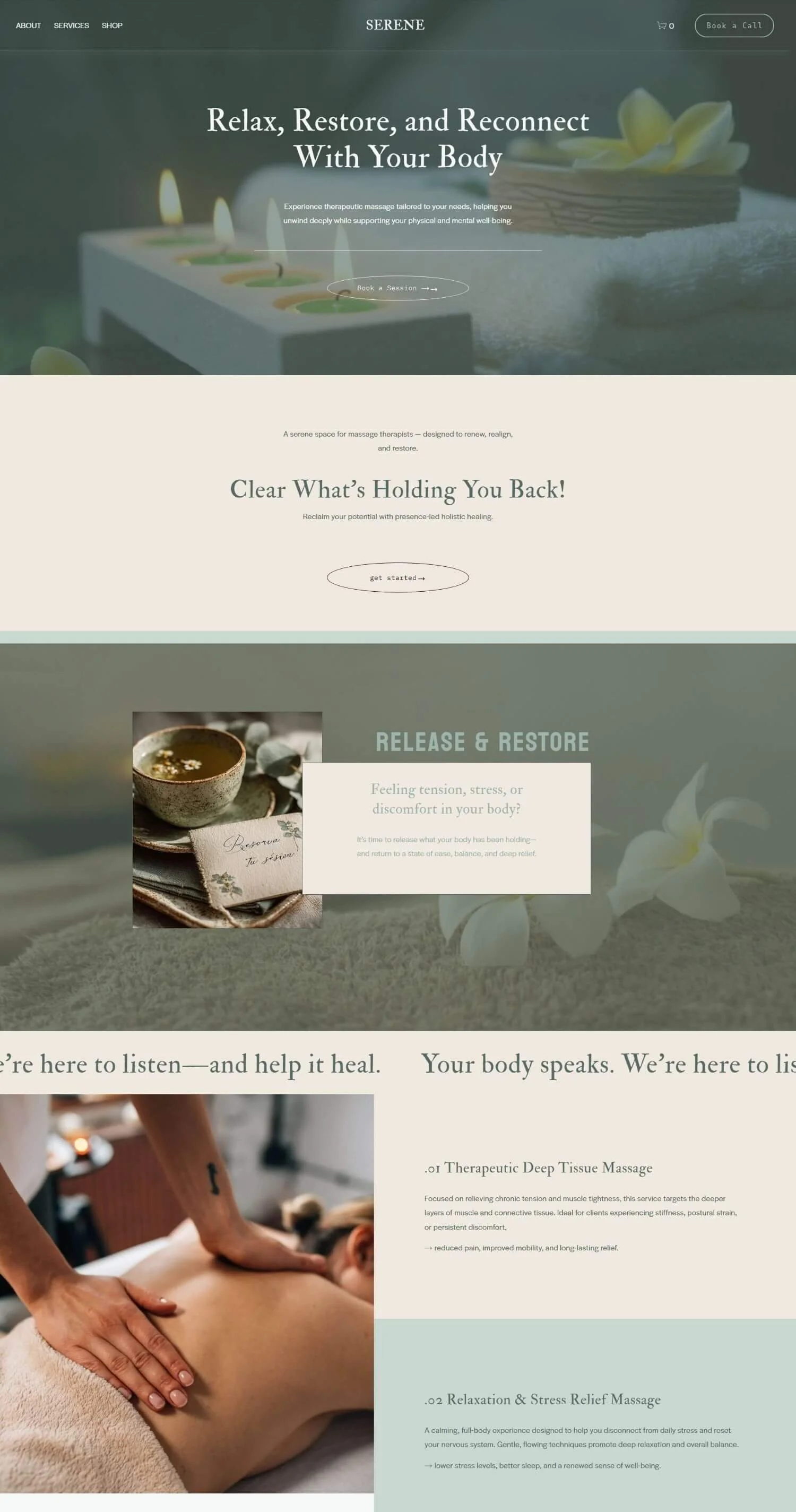 A website homepage for Serene offering holistic coaching and spa rituals, featuring a woman with her eyes closed, calming stones, and green leaves, with text emphasizing healing and clarity.