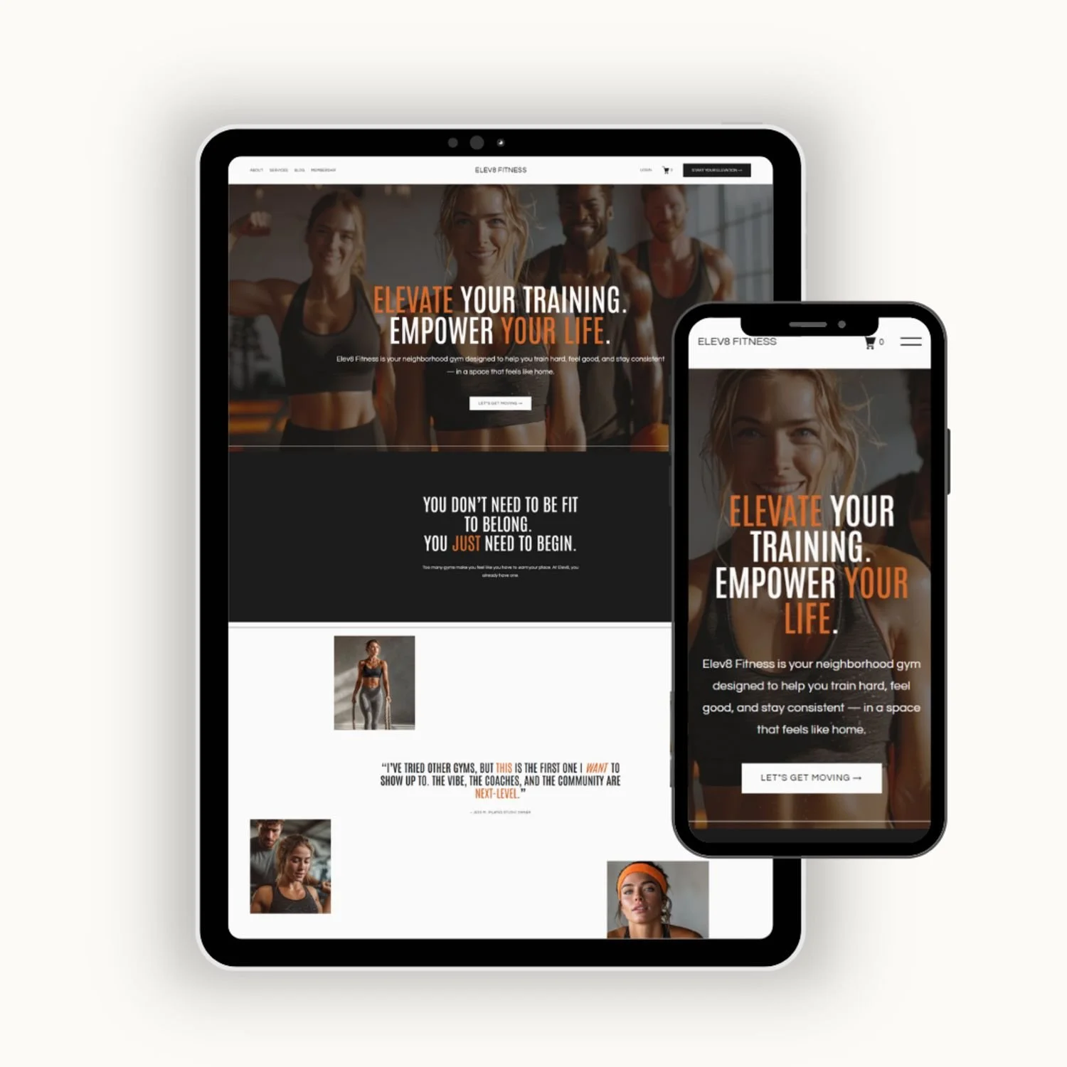 Responsive Squarespace fitness website template shown on desktop and mobile, designed for gyms, personal trainers, and wellness brands focused on growth and usability.