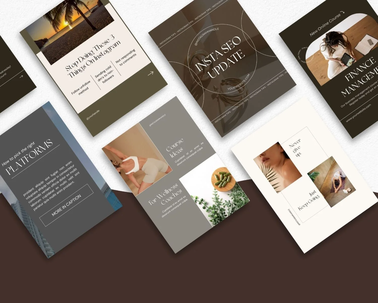 “Collage of neutral-toned social media templates designed by Estudio Bohöra for wellness coaches and service-based brands seeking a polished, professional online presence in the U.S.