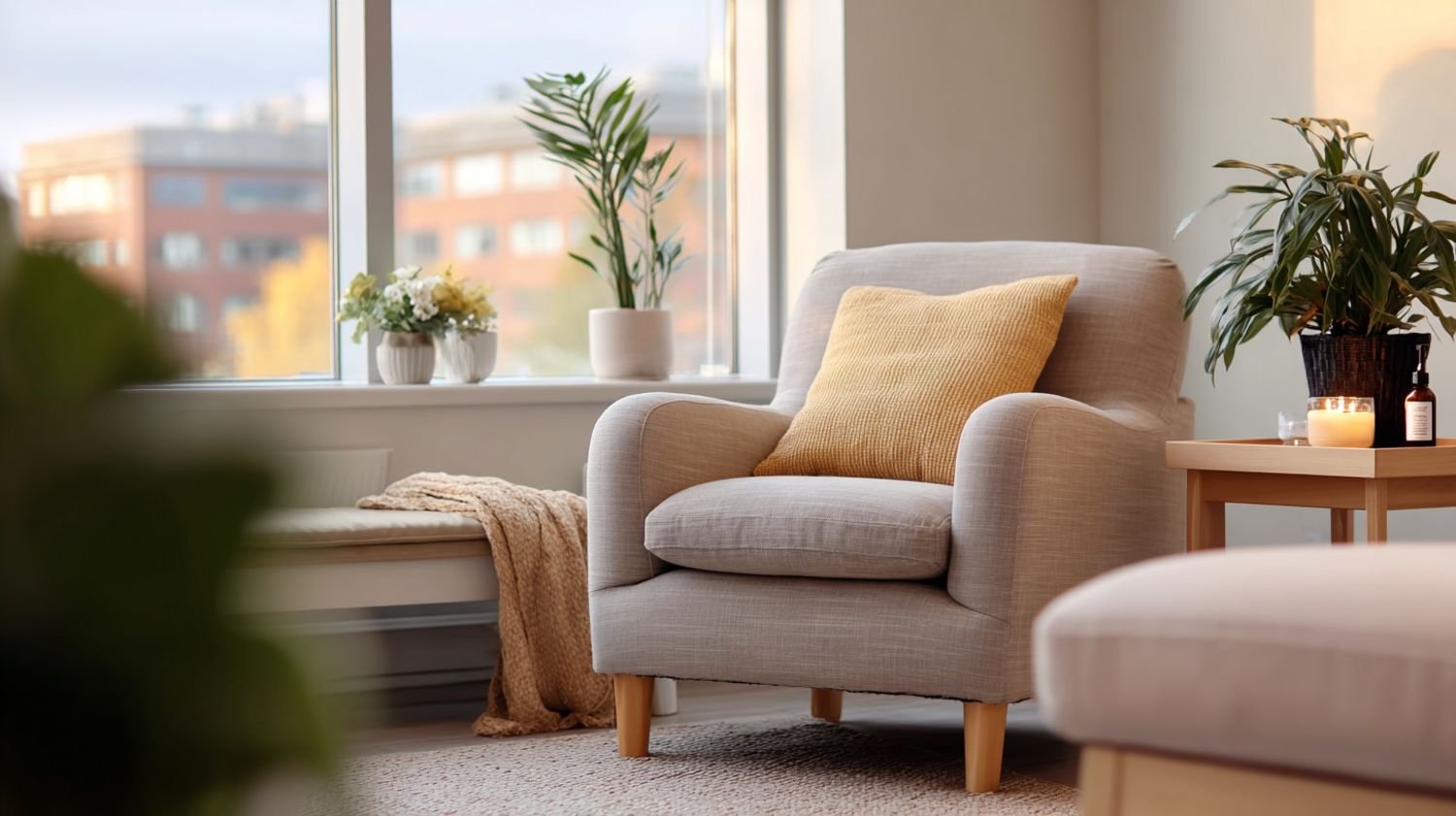 Cozy living room with beige armchair, yellow pillow, side table with potted plant, candle, and small bottle, large window with city view, and decorative plants on window sill.