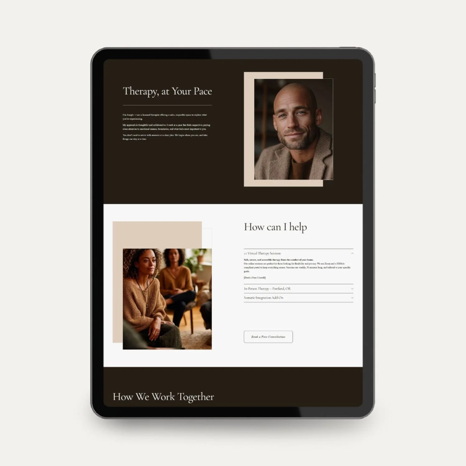 Tablet view of Rogers, a therapist one-page website template featuring services, therapist profile, and booking CTA for private practice websites.